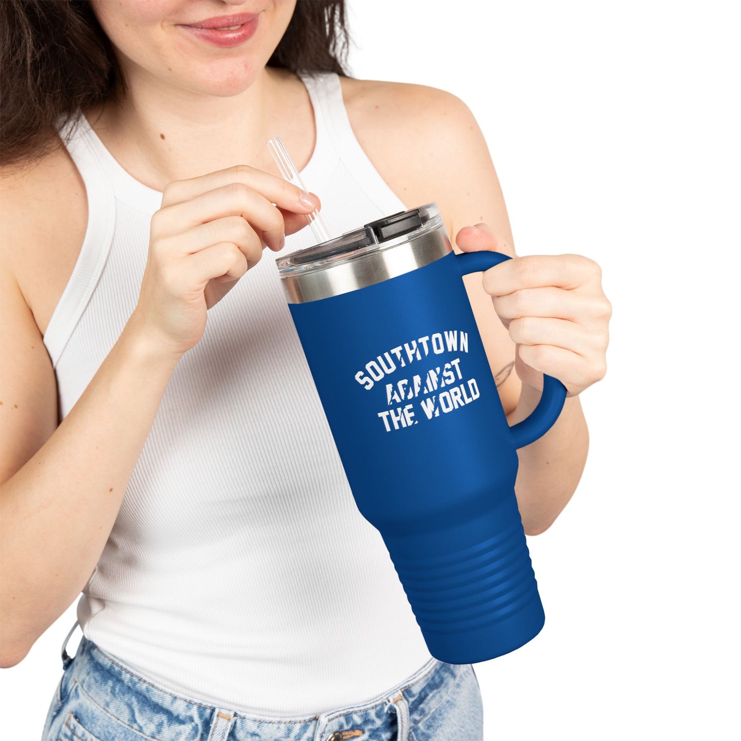 Insulated 40oz Travel Mug — "Southtown Against The World" Matte Black Tumbler with Handle & Straw