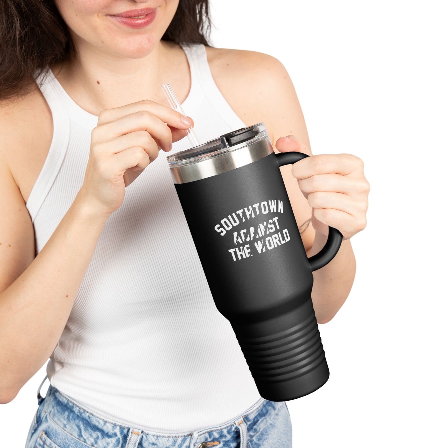 Insulated 40oz Travel Mug — "Southtown Against The World" Matte Black Tumbler with Handle & Straw