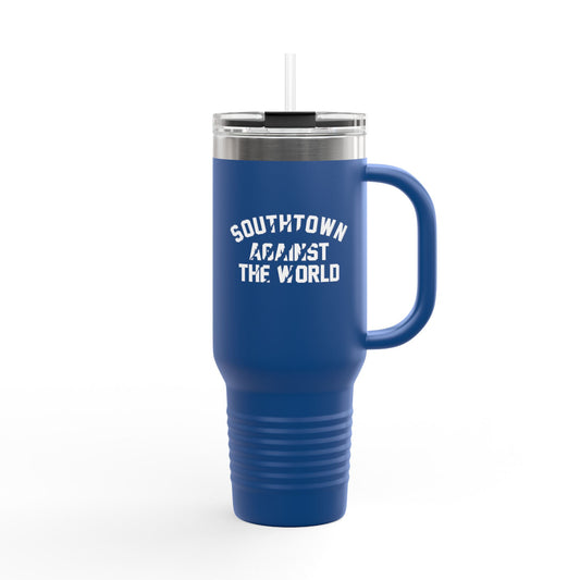 Insulated 40oz Travel Mug — "Southtown Against The World" Matte Black Tumbler with Handle & Straw